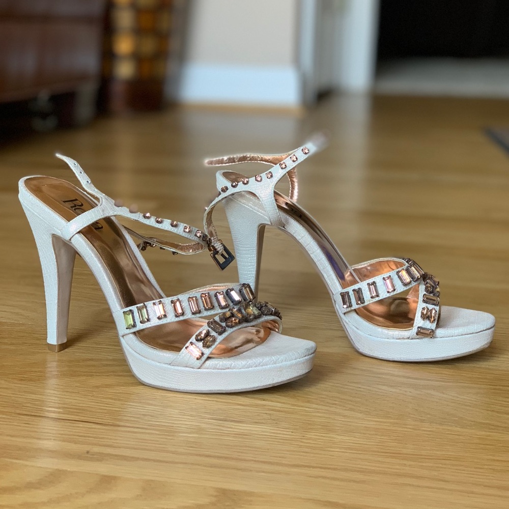 REBA white and rose gold open toed heel.